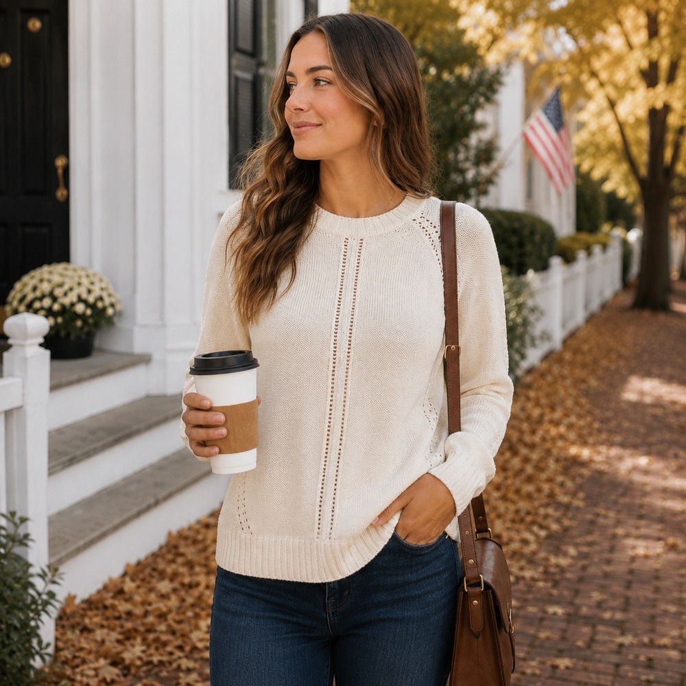 LOFT Sweater Open Knit Pointelle Crewneck Minimalist Preppy Ivory Women's Small